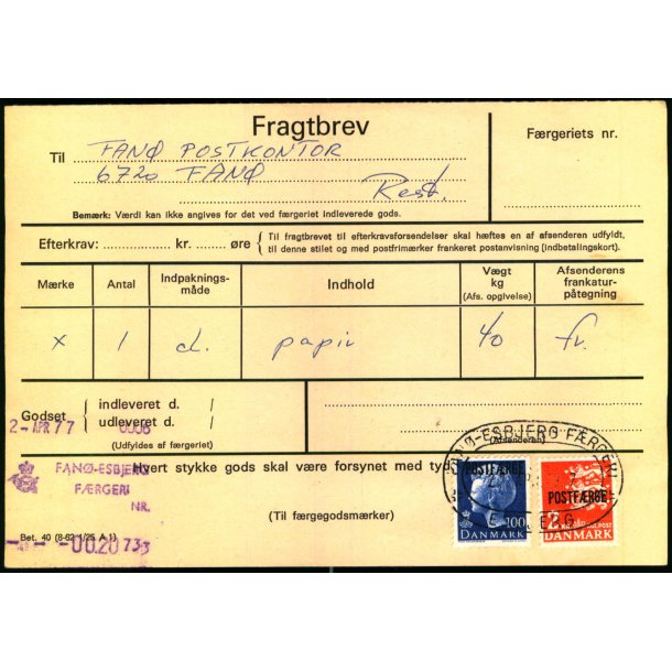 Fragtbrev -100 re M og 2 kr. Rigsvbe Prov. - Fra Esbjerg til Fan 2. April 1977