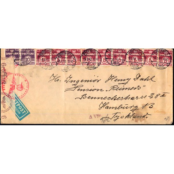 Luftpost - Censurbrev fra Danmark  9 - 3 - 42 - Til Tyskland