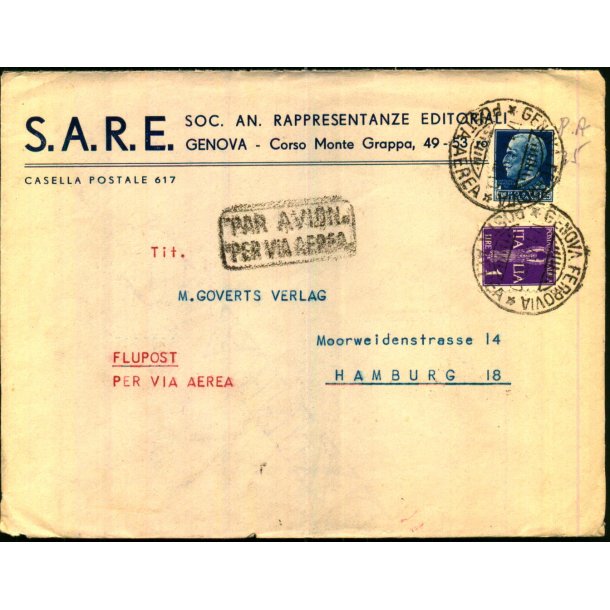 Luftport - Censurbrev fra Italien  17 - 4 - 40 - Til Hamburg