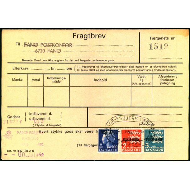 Fragtbrev -100 re M -2 &5 kr. Rigsvbe Prov. - Fra Esbjerg til Fan 21. Marts 1977