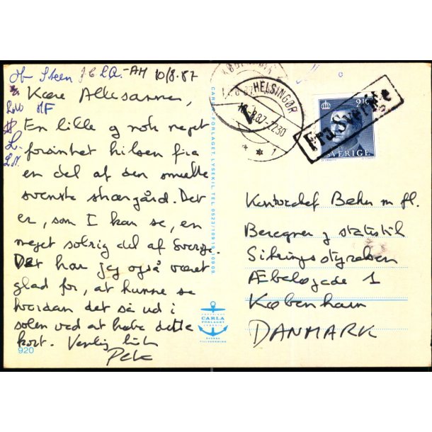 Postkort fra Sverige - Kassestempel Fra Sverige 18 - 8 - 87