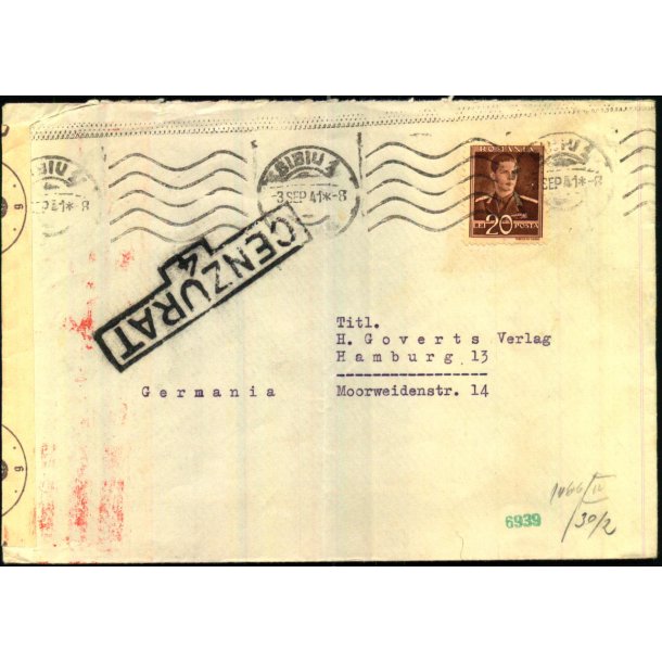 Censurbrev fra Rumnien  3 - 9 - 41 - Til Hamburg