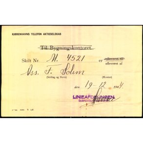 Kbenhavns Telefon Aktieselskab - Skilt Nr M. 4521 - Afleveret 1944