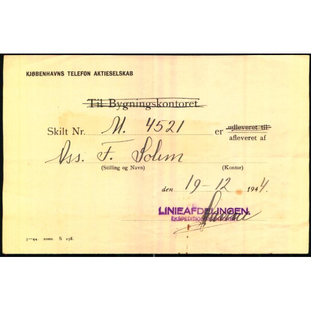 Kbenhavns Telefon Aktieselskab - Skilt Nr M. 4521 - Afleveret 1944