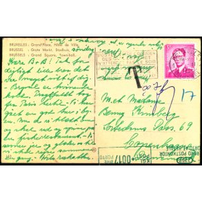Efterporto - Postkort fra Belgien til Danmark  19 - 2 - 1965