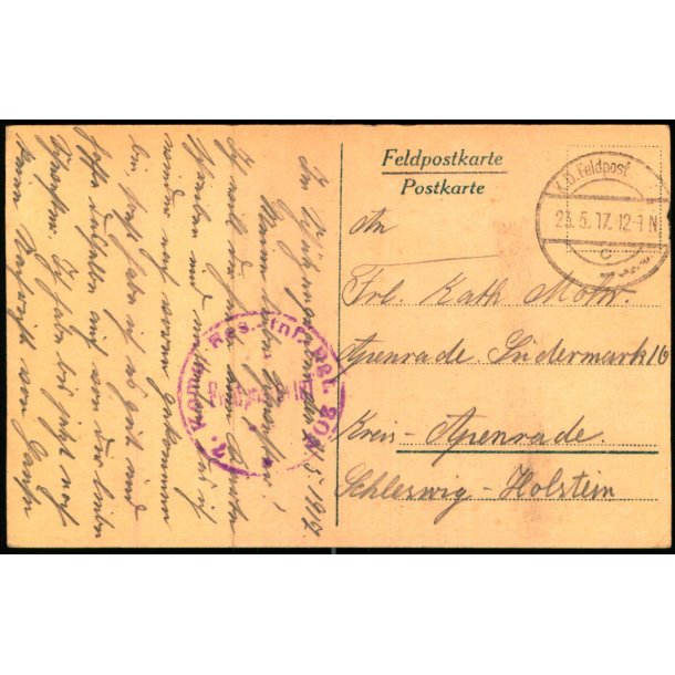 Feldpostkarte - K.D. Feldpost   23 -6 -17 - Til Apenrade - Billedside :  Challerange Bahnhof