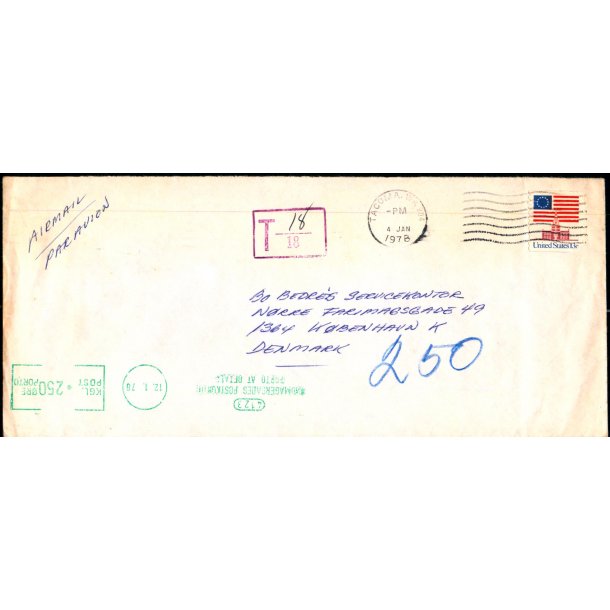 Efterporto - Brev fra U.S.A. 4. Jan 1978   til Kbenhavn V.   - Efterporto 250 re. Stempel 