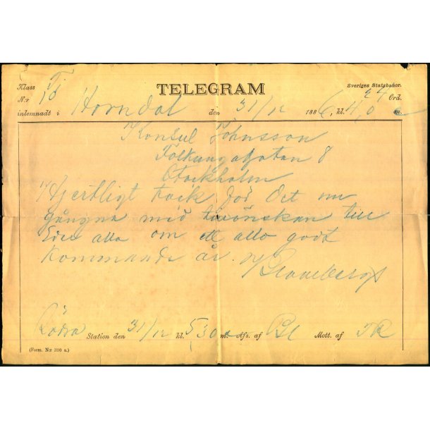 Telegram - Sveriges Statsbaner - 1886