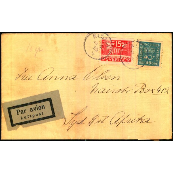 Luftpost Brev fra Sverige til Syd st Afrika (Kenya) - 13 - 3 - 35