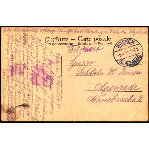 Feldpost - Wacken 5 - 4- 15 - Til Apenrade - Billedside : Gruss aus Wacken