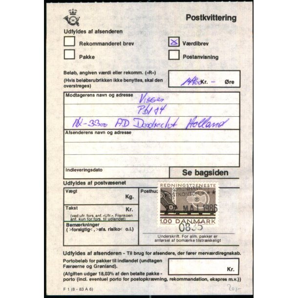 Postkvittering - Vrdibrev - 27 - 5 - 86