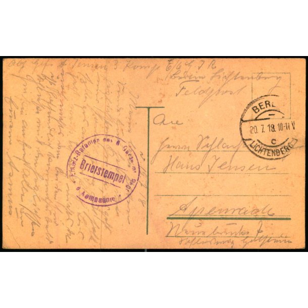 Feldpostkarten - Rastatt 29 - 6 - 18  - Til Apenrade - Billedside : Rastatt