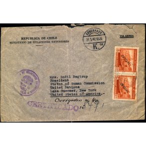 Luftpost Efterkrigs Censurbrev fra Chile  24 - 5 - 48  - Til U.S.A.  og videre til Kbenhavn
