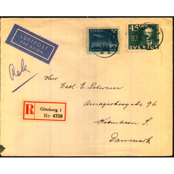 Luftpost brev fra Sverige - Rekomaderet - 6 - 7- 37