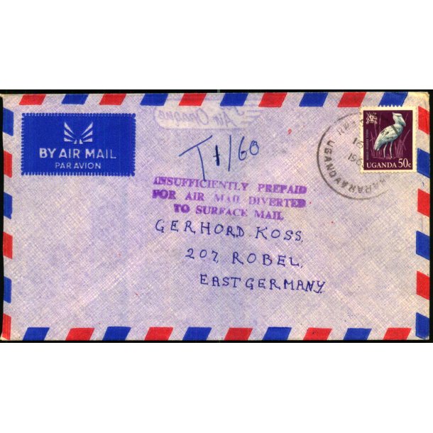 Luftpost Brev fra Uganda til st Tyskland - Efterporto T 1/60 - 16 - 10 - 66