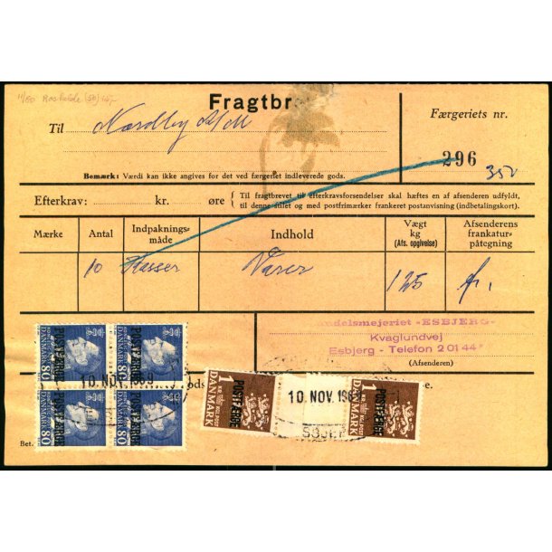 Fragtbrev - 4 x 80 re Fr. IX og 2 x 1 kr Rigsvben Prov. - Fra Esbjerg til Fan 10. Nov 1969