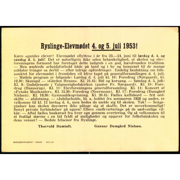 Ryslinge - Elevm�det 4. og 5. Juli 1953 - Helsagskort u/n - Brugt