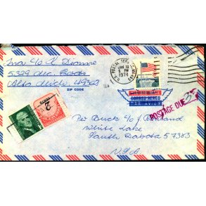 Efterporto - Brev fra Alto Mich. 5, Jan 1974 til Sauth Dakota - Efterporto 3 Cent