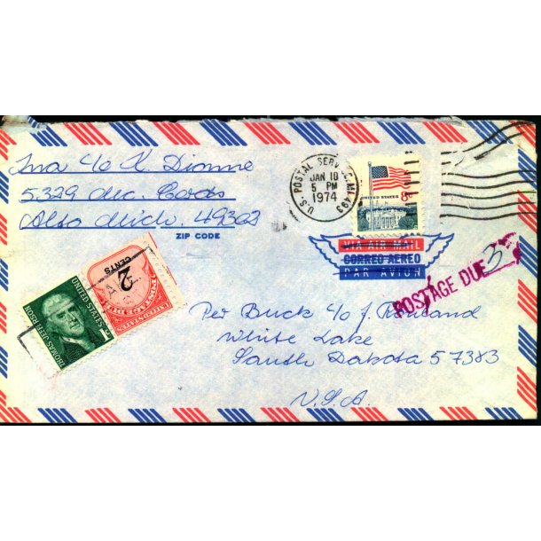 Efterporto - Brev fra Alto Mich. 5, Jan 1974 til Sauth Dakota - Efterporto 3 Cent