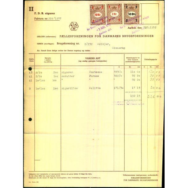F.D.B. - Chokolade - 1952 - Fakturastempelm�rker