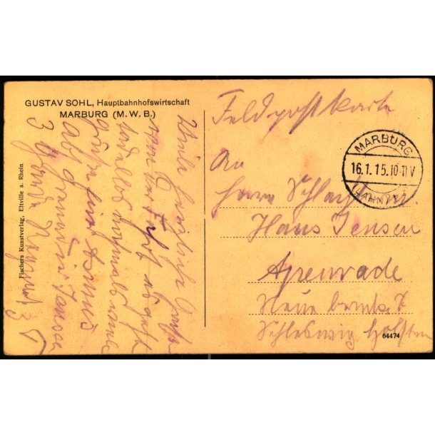 Feldpostkarten - Marburg 16 - 1 - 15  - Til Apenrade - Billedside : Marburg