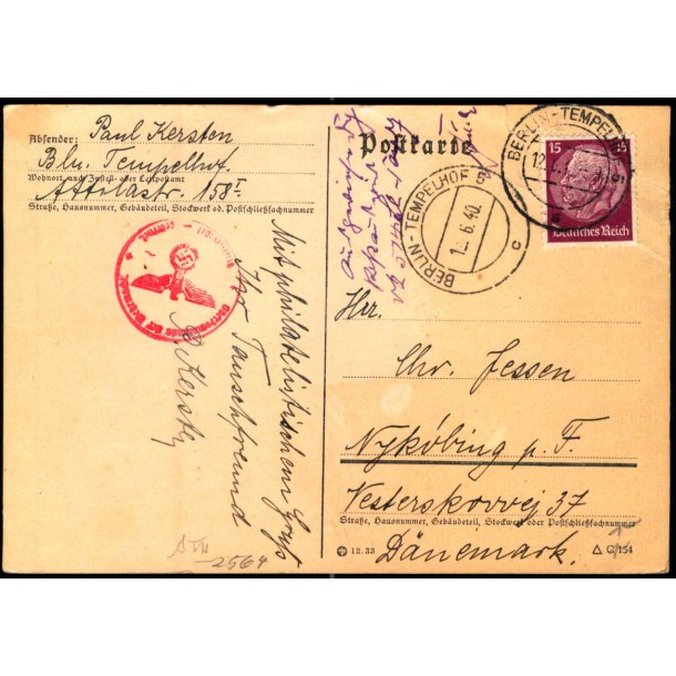 Censurpostkort fra Tyskland  1 - 6 - 40 - Til Nykbing F.
