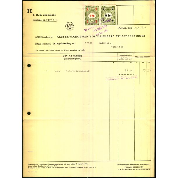 F.D.B. - Chokolade - 1952 - Fakturastempelm�rker