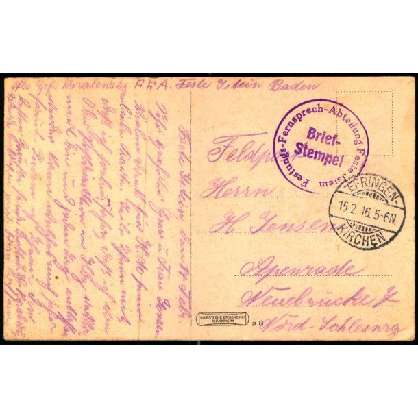 Feldpost - Efringen - Kirchen 15 - 2 - 16  - Til Apenrade - Billedside : Freiburg