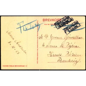 Postkort til Frankrig - Utilstrkkelig Frankeret i kassestempler - Frimrke p forsiden.