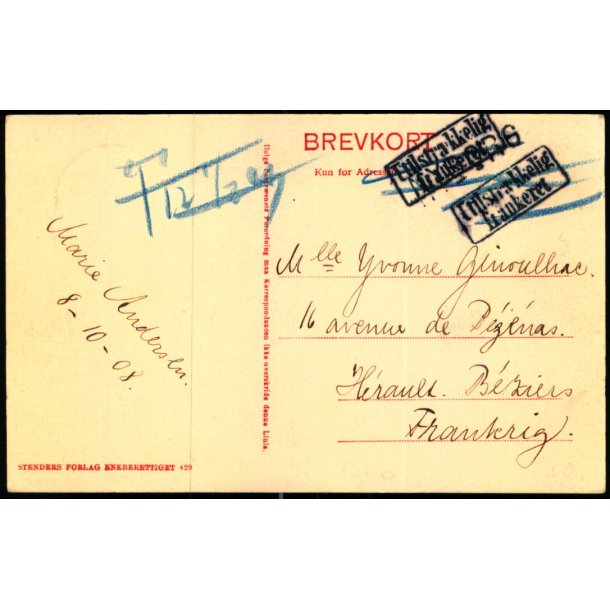 Postkort til Frankrig - Utilstrkkelig Frankeret i kassestempler - Frimrke p forsiden.