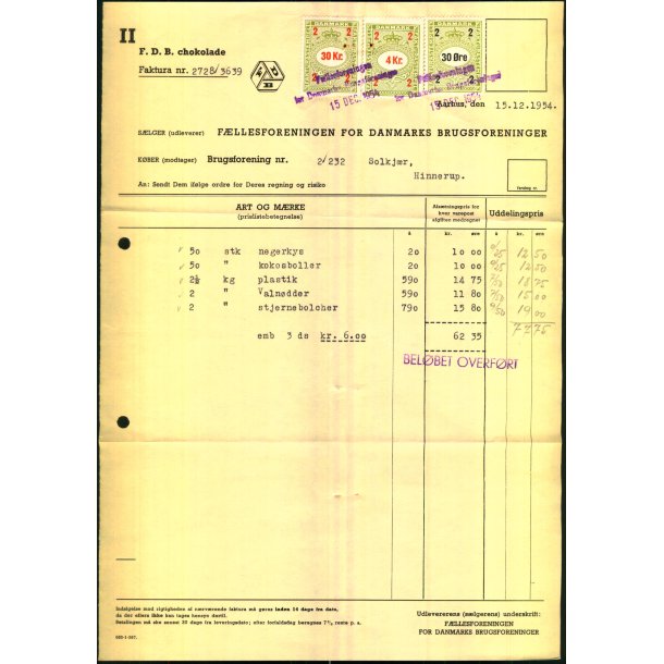 F.D.B. - Chokolade - 1954 - Fakturastempelm�rker