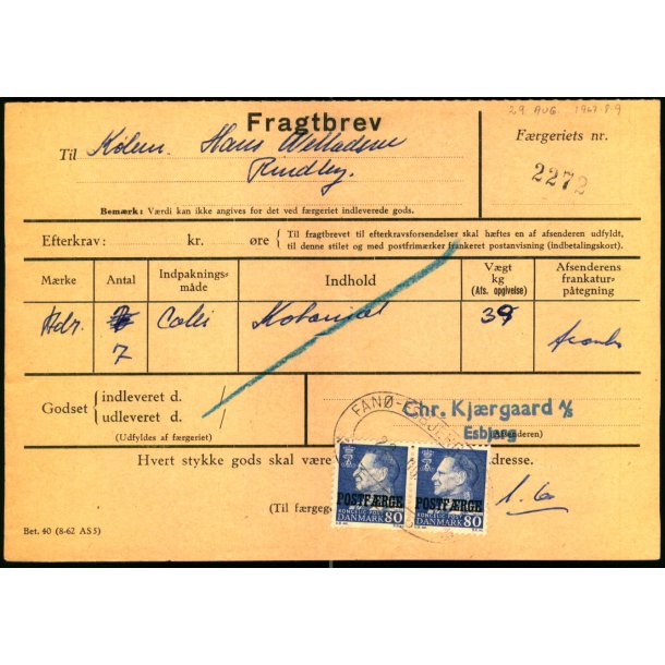 Fragtbrev - 2x 80 re Fr IX  Prov.  - Fra Esbjerg til Fan 29. Aug. 1967