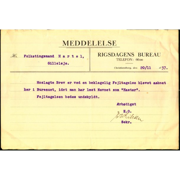 Meddelelse - Rigsdagens Bureau - 1937