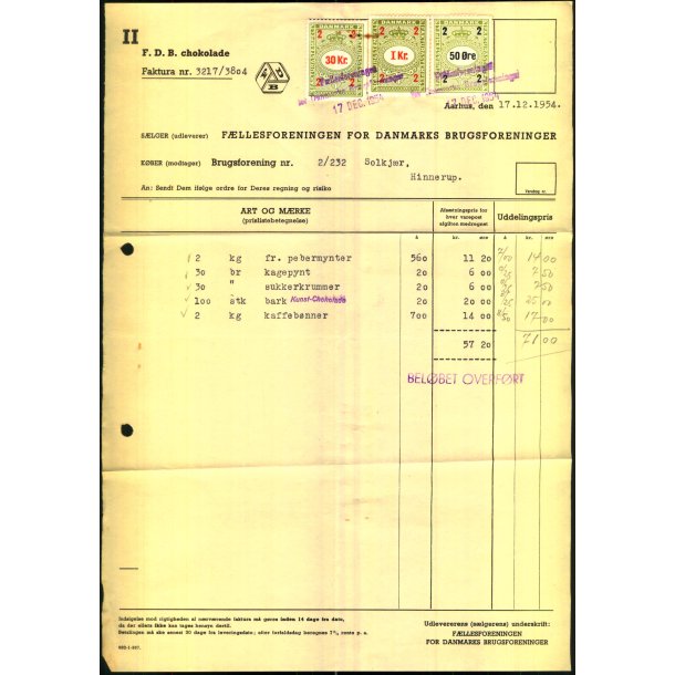 F.D.B. - Chokolade - 1954 - Fakturastempelmrker