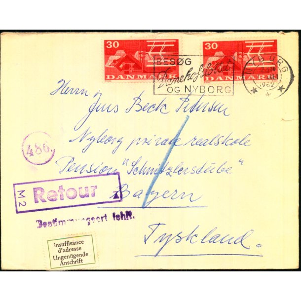 Returbrev sendt til Tyskland 1 - Juli 1962 - Retur til Danmark  11 - 7- 62