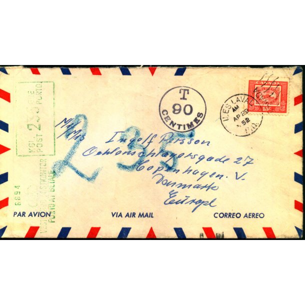 Efterporto - Brev fra Canada 29 - April - 53   til Kbenhavn V.   - Efterporto 235 re. Stempel 