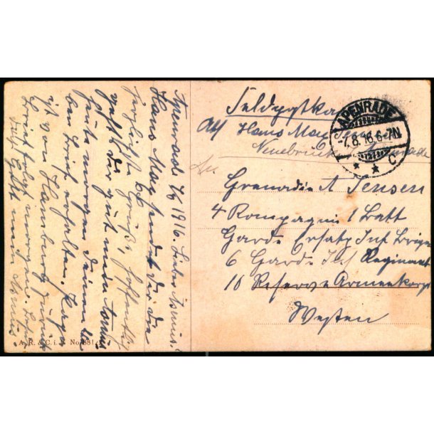 Feldpostkarte - Apenrade  7 - 8 - 16  - Til 4. Komp. 1. Lott. - Billedside : Recognoscering.