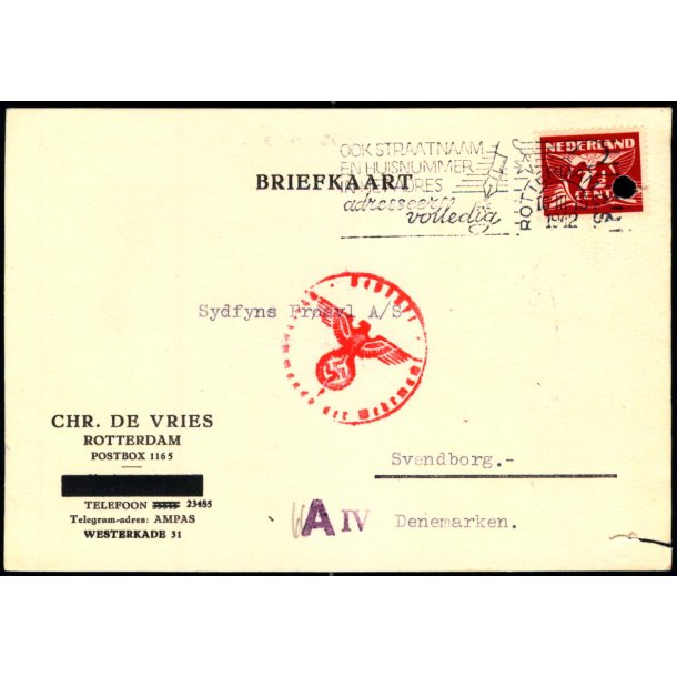 Censurpostkort fra Holland  16 -3 - 42 - Til Svendborg