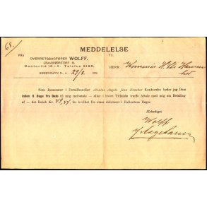 Meddelelse fra Overretssagf�rer Wolff - K�benhavn K - 1896
