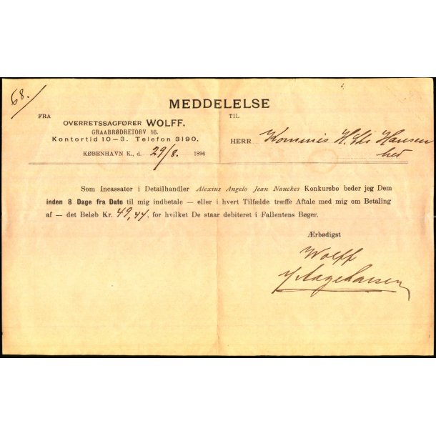 Meddelelse fra Overretssagf�rer Wolff - K�benhavn K - 1896