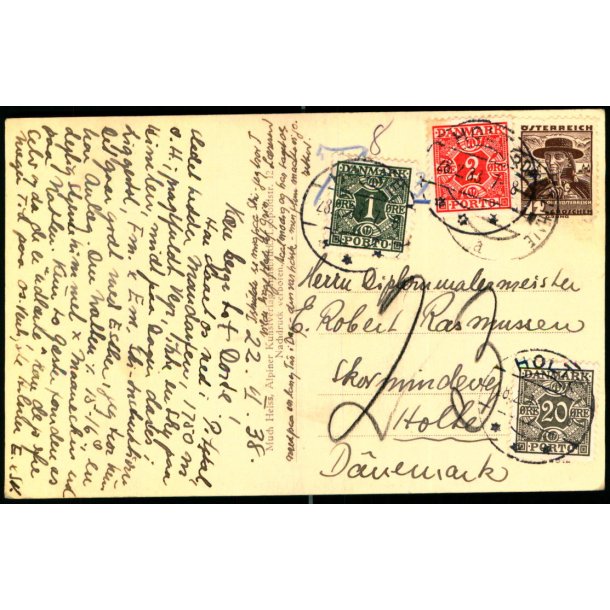 Efterporto - Postkort fra strig  til Danmark  22 - 11- 38