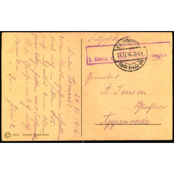 Feldpost - K.D. Feldpostxped.   21 -11 -165 - Til Appenrade - Billedside : Dame