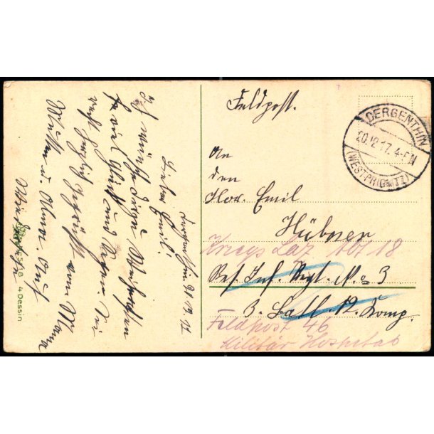 Tysk Feldpostkort - Dergenthin 20 - 12 - 17  - Til Krigs Laz. 18