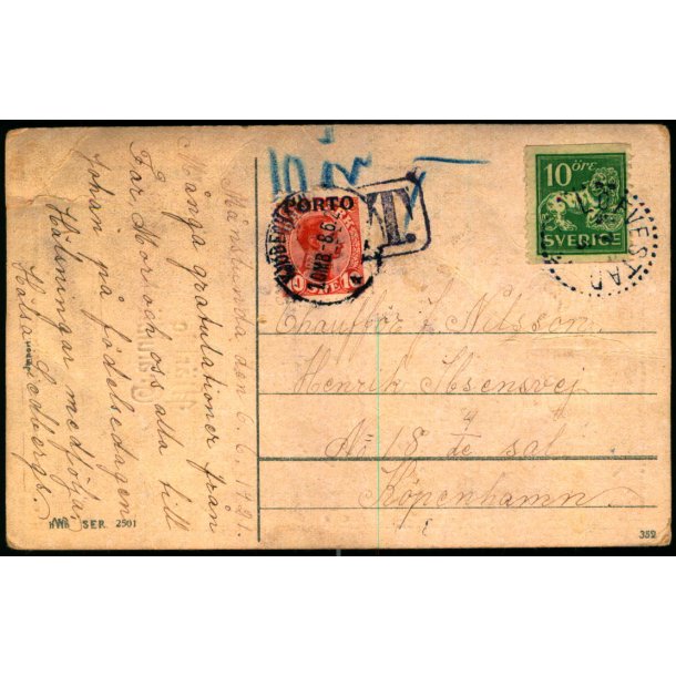 Efterporto - Postkort fra Sverige  til Danmark  6-6-9121