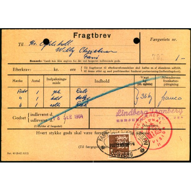 Fragtbrev -  1kr Rigsvben Prov.  - Fra Esbjerg til Fan 18. Sept. 1964. - Arkivhuller !
