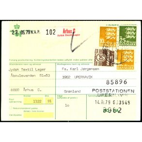 Adressekort med Postopkrvning fra rhus C til Grnland   - 2x10 - 25 kr kr. Rigsvben 50 re Blge