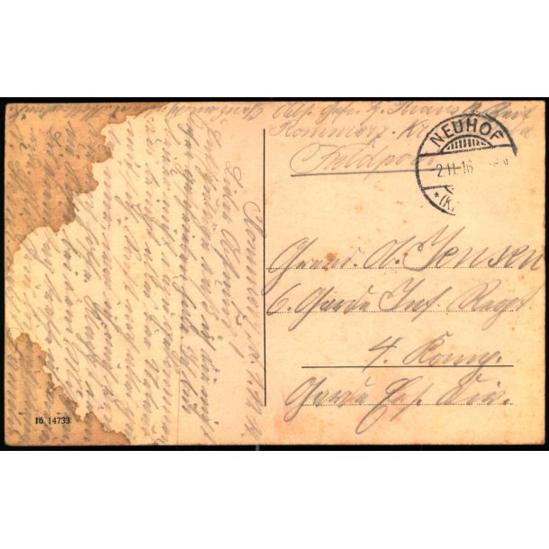 Feldpost - Neuhoe  2 - 11 - 16  - Til  4. Komp. - Billedside : Fulda