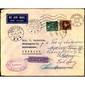  Luftpost brev fra Indien til Danmark - Retur 16 - 9 - 60