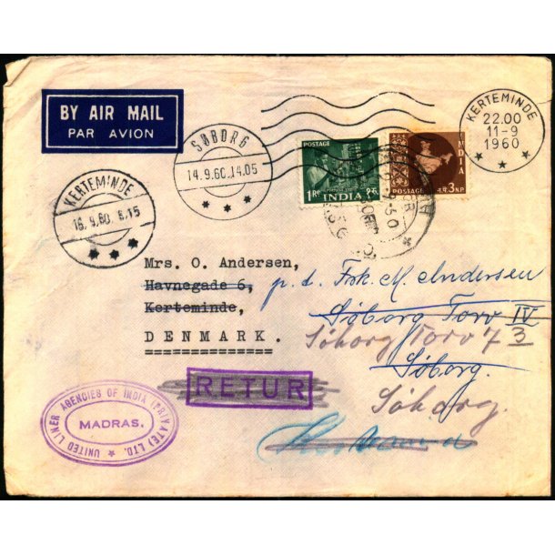  Luftpost brev fra Indien til Danmark - Retur 16 - 9 - 60