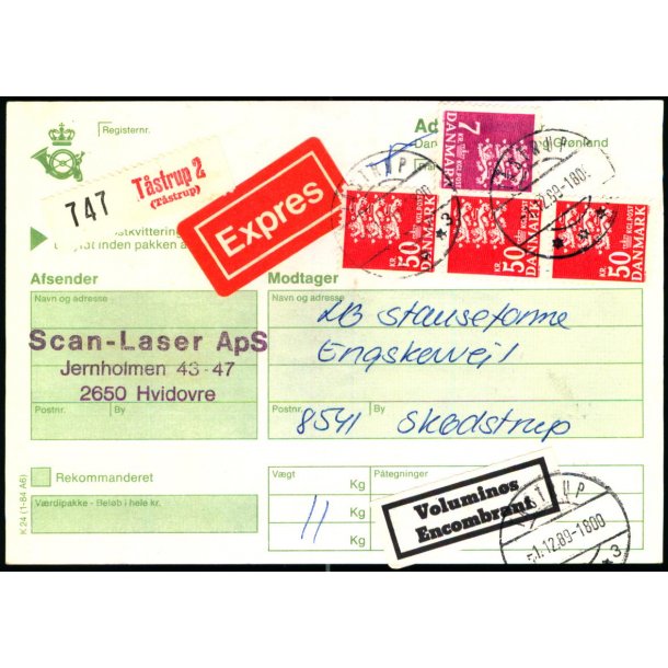 Adressekort fra Tstrup 2 - Expres  - 3x50 kr. og 7 kr.Rigsvben  1 - 12 - 89